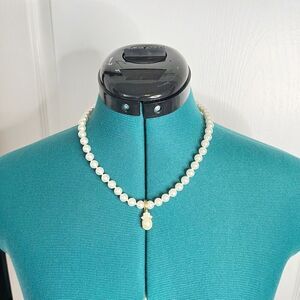 Beaded Faux Pearl Rhinestone Drop Pendant Stamped "Roman" Choker Necklace